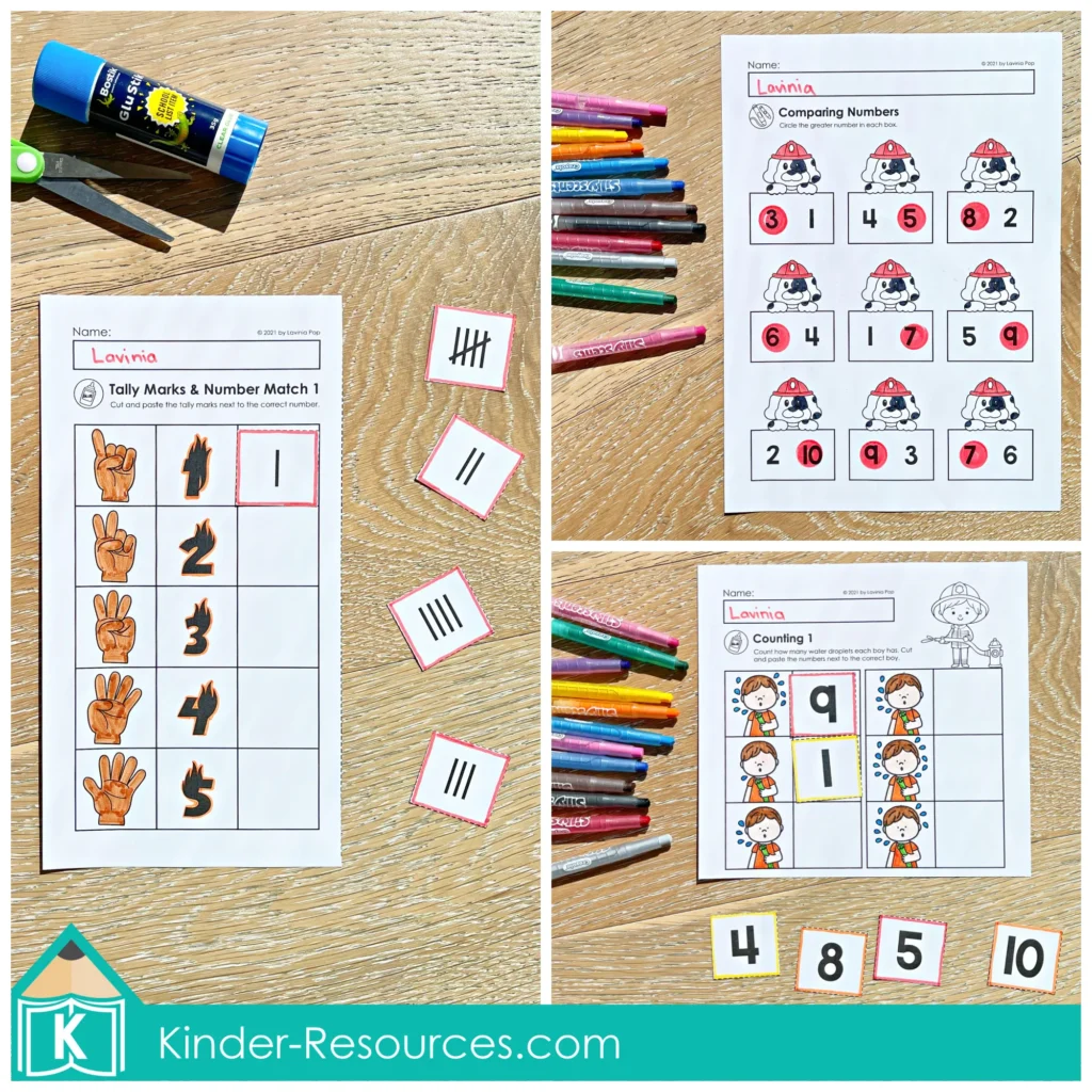 Fire Safety Kindergarten Worksheets and Activities with tally marks and number match cut and paste, comparing numbers, and counting practice pages.