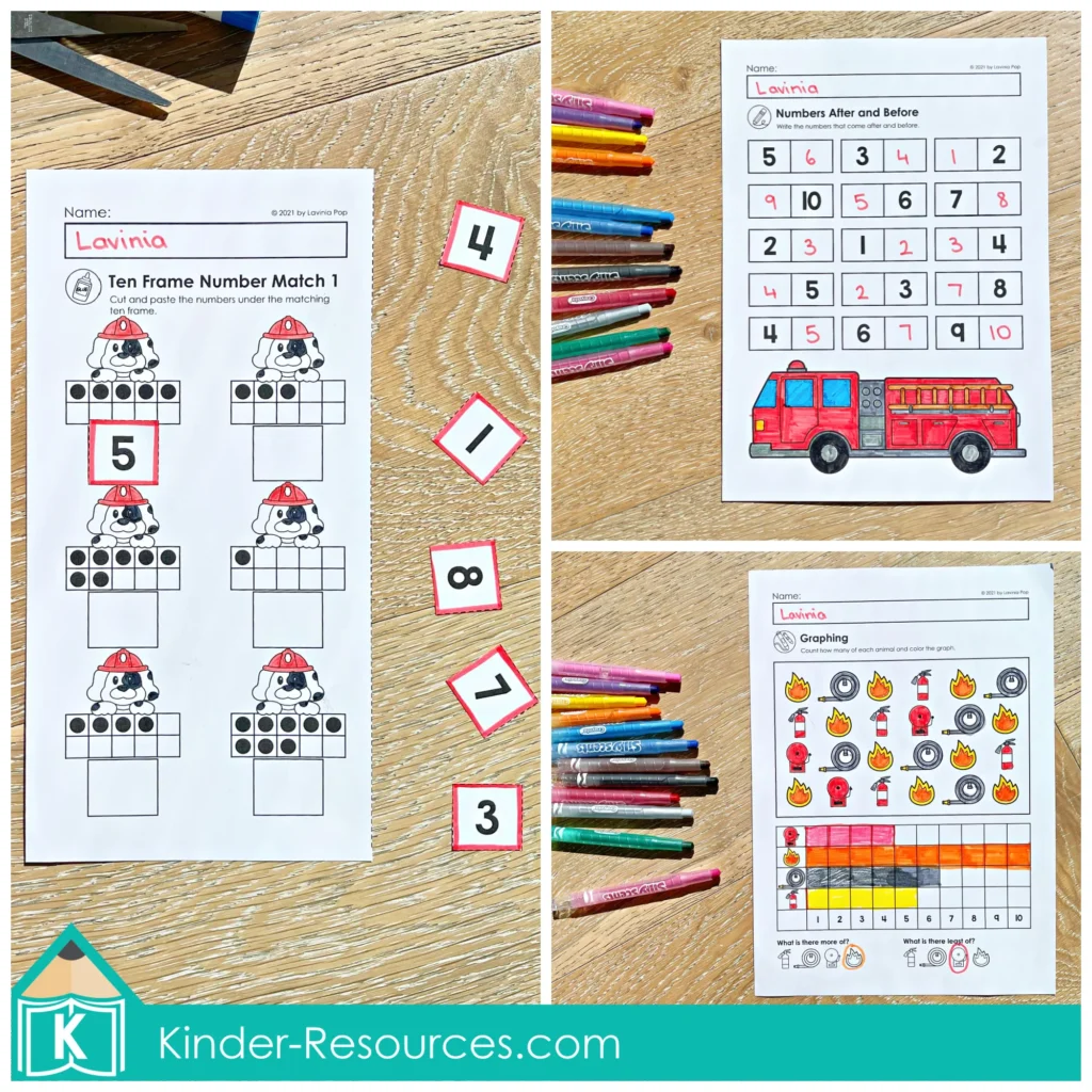 Fire Safety Kindergarten Worksheets and Activities with ten frame number match, numbers before and after practice, and firefighter themed graphing worksheet.