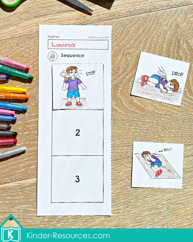 Fire Safety Kindergarten Worksheets and Activities sequencing page with Stop, Drop, and Roll cut and paste steps for learning fire safety.