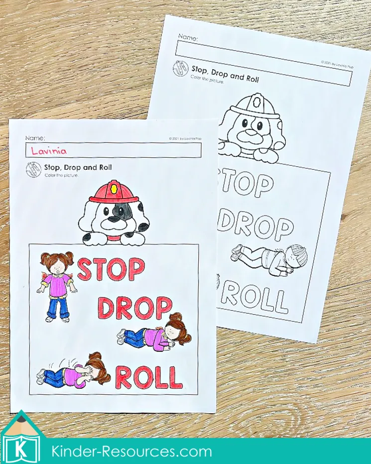 Fire Safety Kindergarten Worksheets and Activities with Stop, Drop, and Roll poster and coloring pages for teaching fire safety procedures.