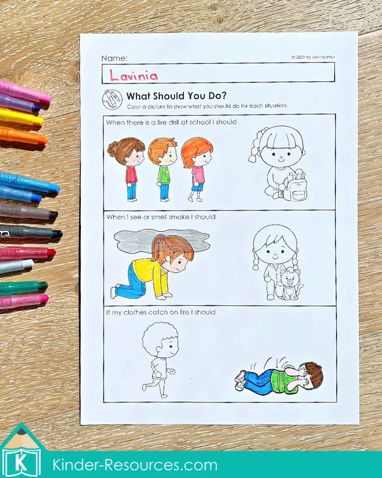 Fire Safety Kindergarten Worksheets and Activities with decision-making worksheet where children color the correct response during a fire drill, smoke, or clothing on fire.