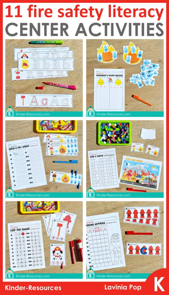 Fire Safety Literacy Worksheets and Activities for Kindergarten featuring 11 printable centers with letter tracing, clip the sound, syllables, word building, and flip and cover games.