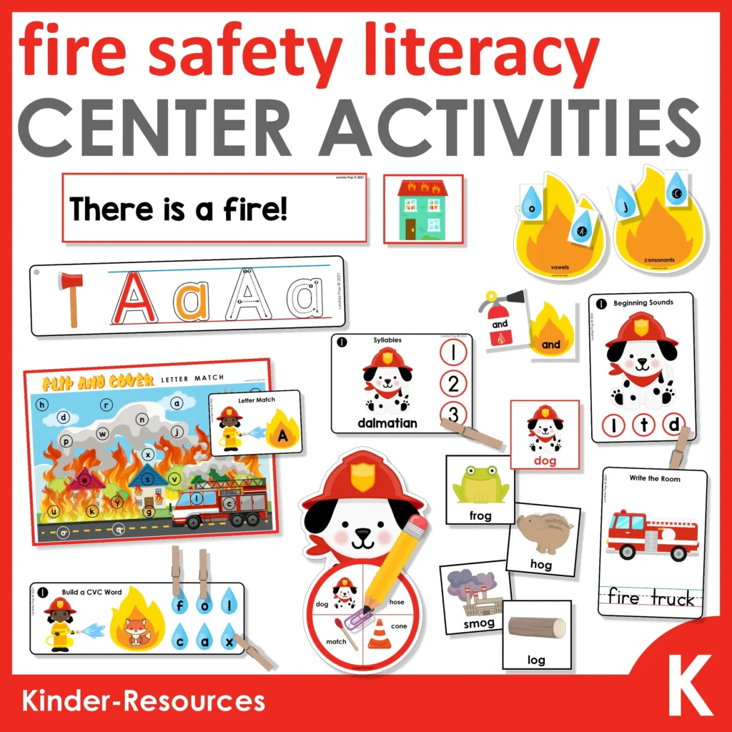 Fire Safety Literacy Center Activities for Kindergarten including letter tracing, beginning sounds, syllables, sight words, rhyming, and write the room games.