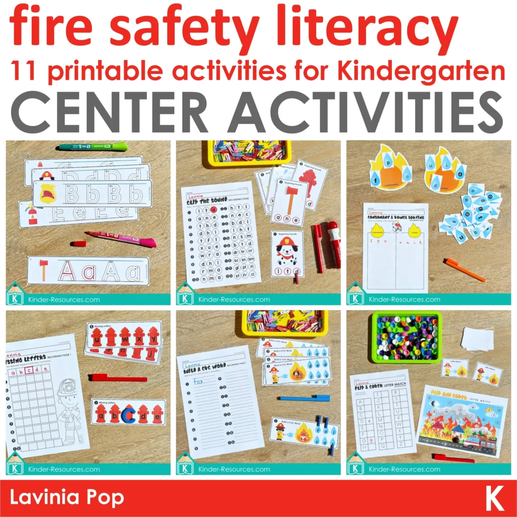Fire Safety Literacy Worksheets and Activities for Kindergarten featuring 11 printable centers with letter tracing, clip the sound, syllables, word building, and flip and cover games.