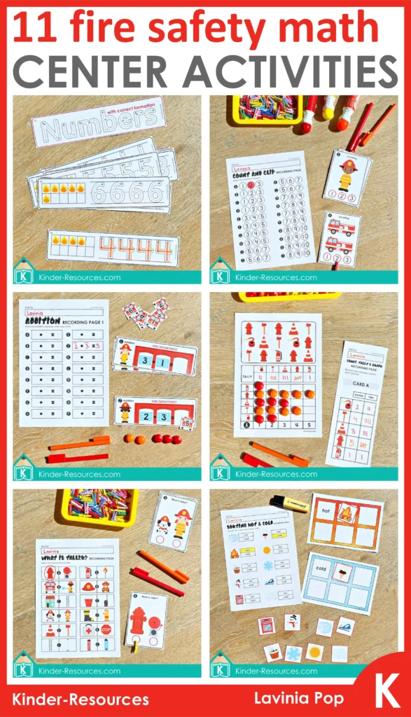 Fire safety math centers for kindergarten featuring 11 printable hands-on activities including number tracing, counting clip cards, addition, tally and graphing, measurement, and sorting hot and cold pictures for Fire Safety Week learning.