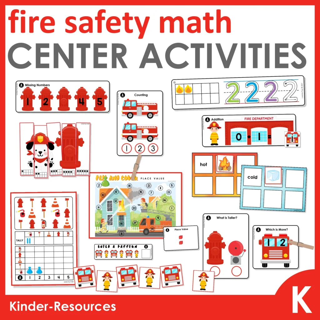 Fire Safety Math Worksheets and Activities for Kindergarten with 11 printable centers including counting, number tracing, tally marks, graphing, addition, and sorting hot and cold.