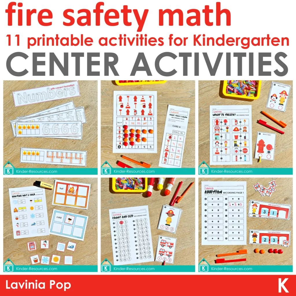 Fire Safety Math Center Activities for Kindergarten featuring missing numbers, number tracing, addition, place value, patterns, tally marks, and comparing numbers with firefighter theme.