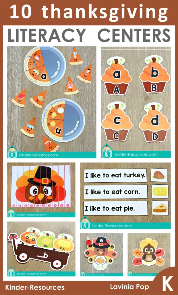 Thanksgiving literacy centers for kindergarten with alphabet matching, rhyming, sight word turkeys, and Thanksgiving sentence activities. Download FREE printable activites!