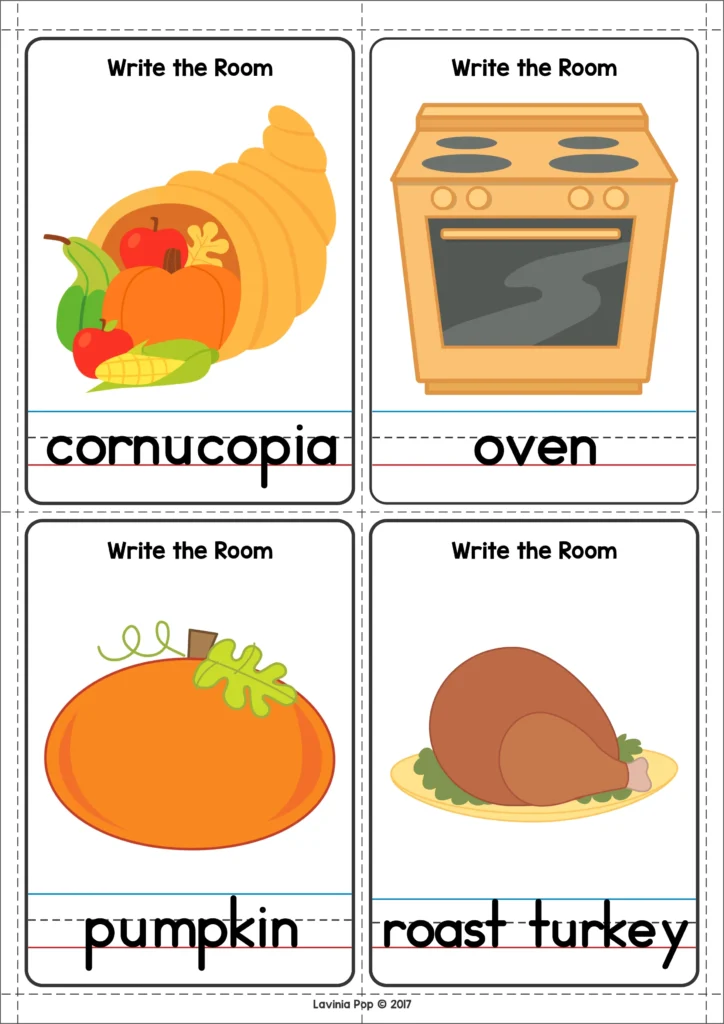 Thanksgiving write the room cards with cornucopia, oven, pumpkin, and roast turkey words. Download FREE printable activities!
