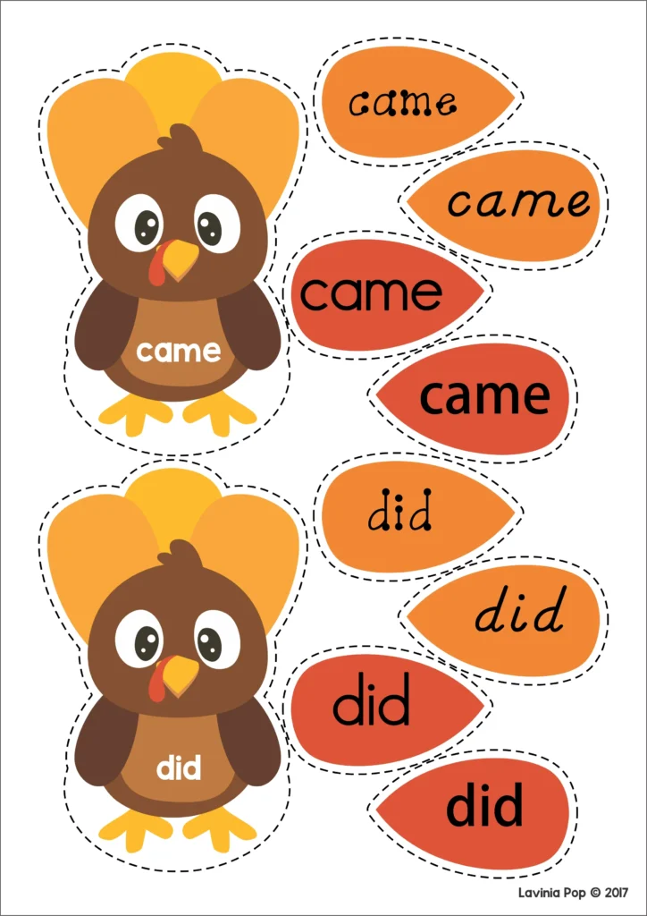 Thanksgiving sight word turkey cards with feathers for matching words in different fonts. Download FREE printable activities!
