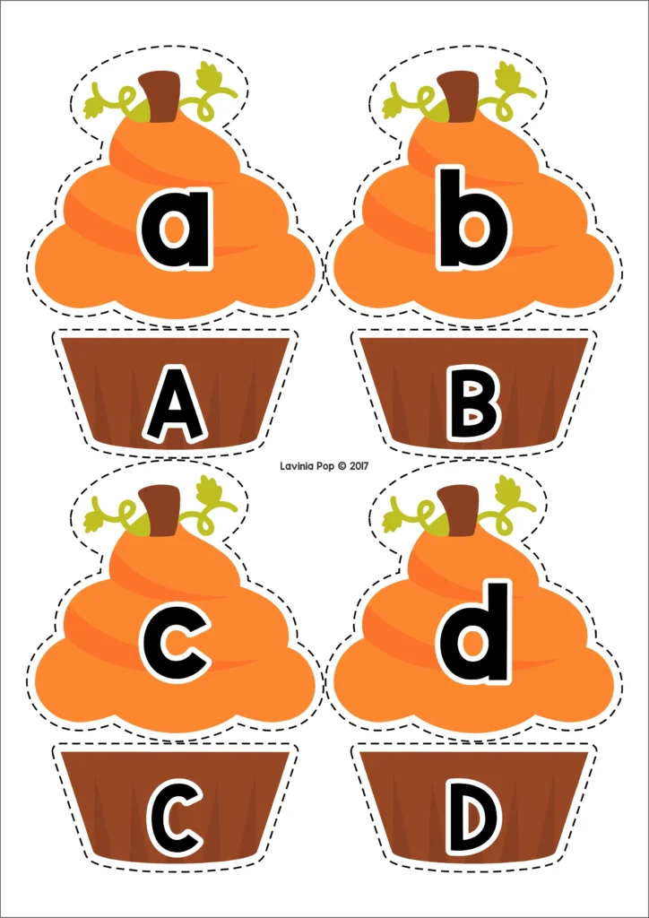 Pumpkin cupcake alphabet cards for matching uppercase and lowercase letters. Download FREE printable activities!