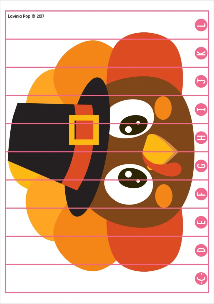 Thanksgiving turkey alphabet puzzle for practicing letter order and sequencing. Download FREE printable activities!