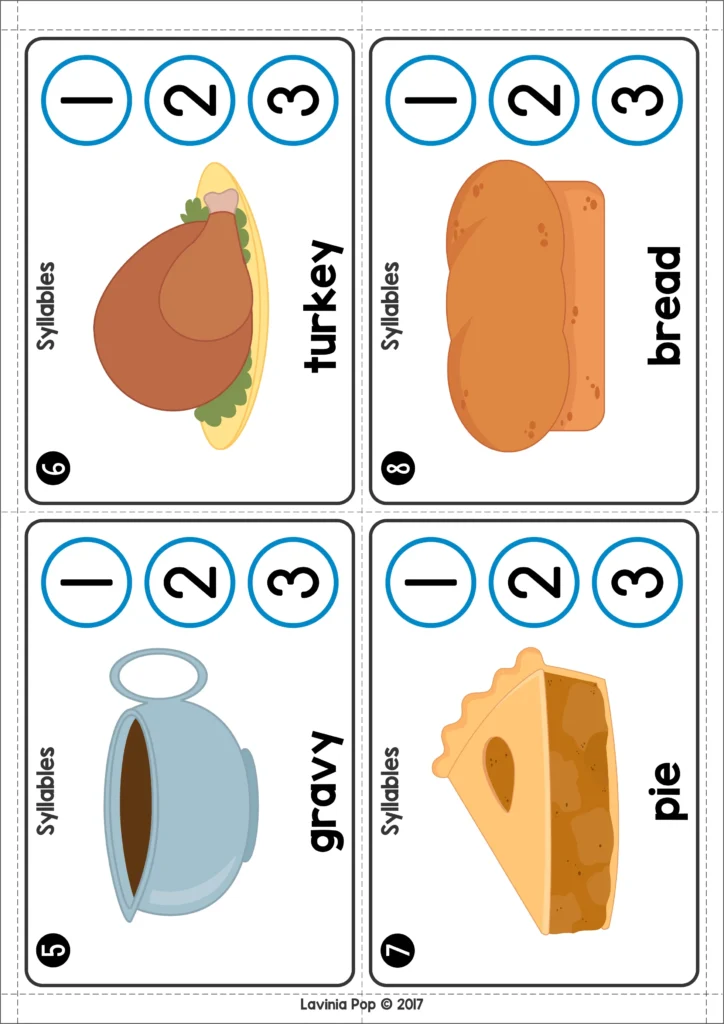 Thanksgiving syllable clip cards with pictures of turkey, bread, gravy, and pie. Download FREE printable activities!