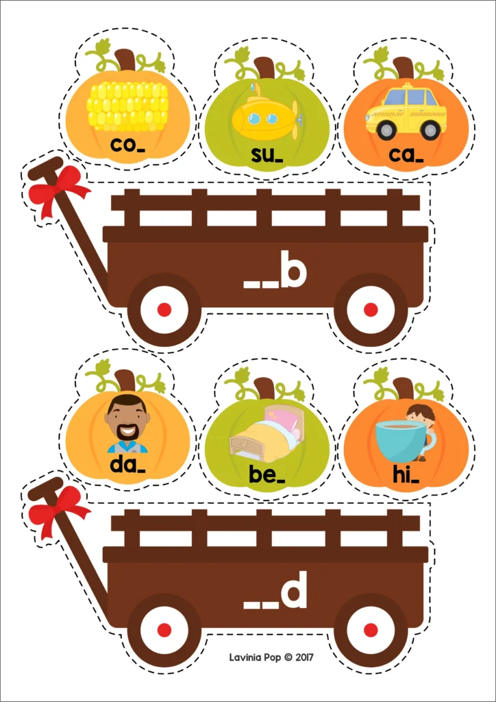 Thanksgiving wagon and pumpkin cards for sorting CVC words by ending sounds. Download FREE printable activities!