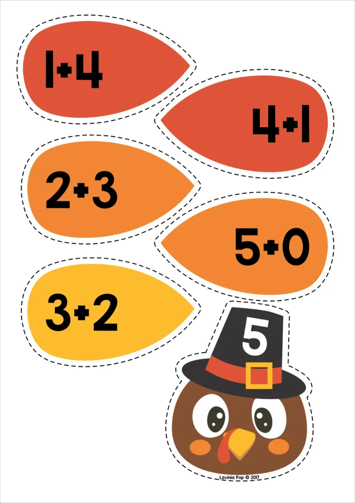 Thanksgiving turkey addition game for kindergarten with math equation feathers to build number sense and addition fluency. Download FREE printable activities!