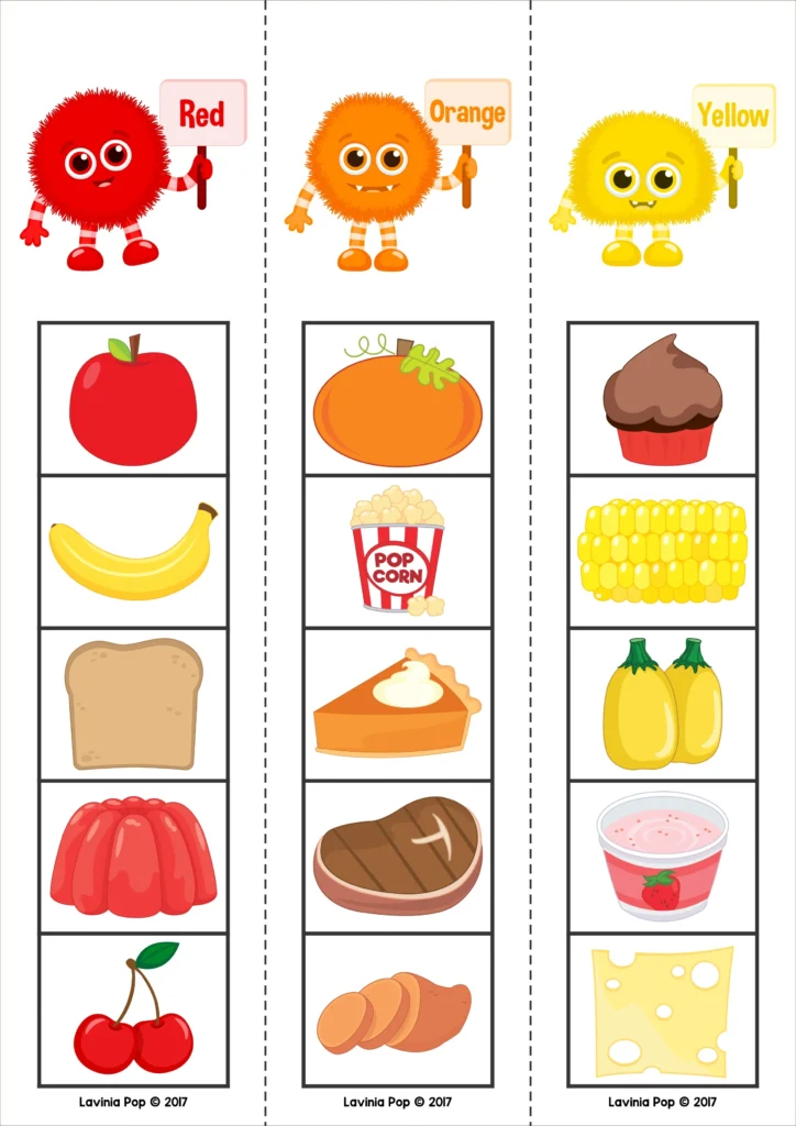 Thanksgiving color sorting cards for preschool and kindergarten with red, orange, and yellow foods to build color recognition and fine motor skills. Download FREE printable activities!