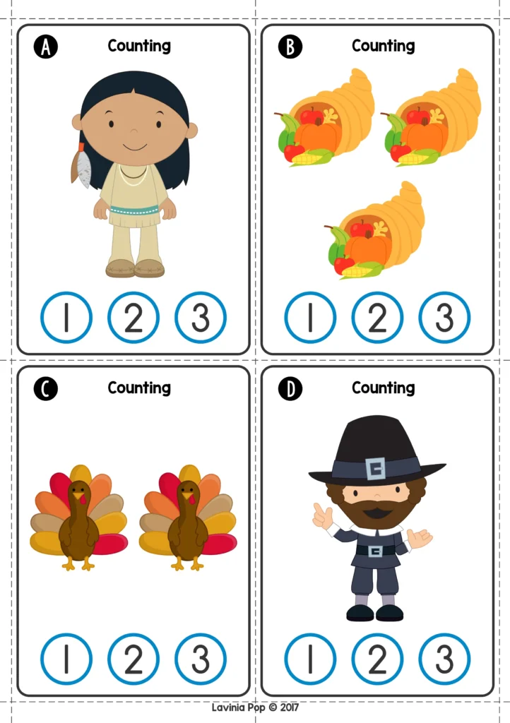Thanksgiving counting cards featuring Pilgrims, turkeys, and cornucopias for practicing counting, one-to-one correspondence, and number recognition. Download FREE printable activities!