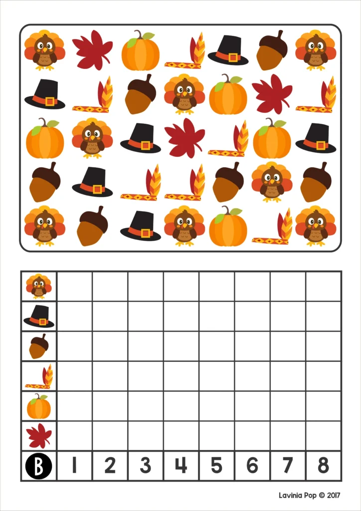 Thanksgiving count and graph worksheet for kindergarten featuring turkeys, pumpkins, hats, and leaves to teach early graphing and data skills. Download FREE printable activities!