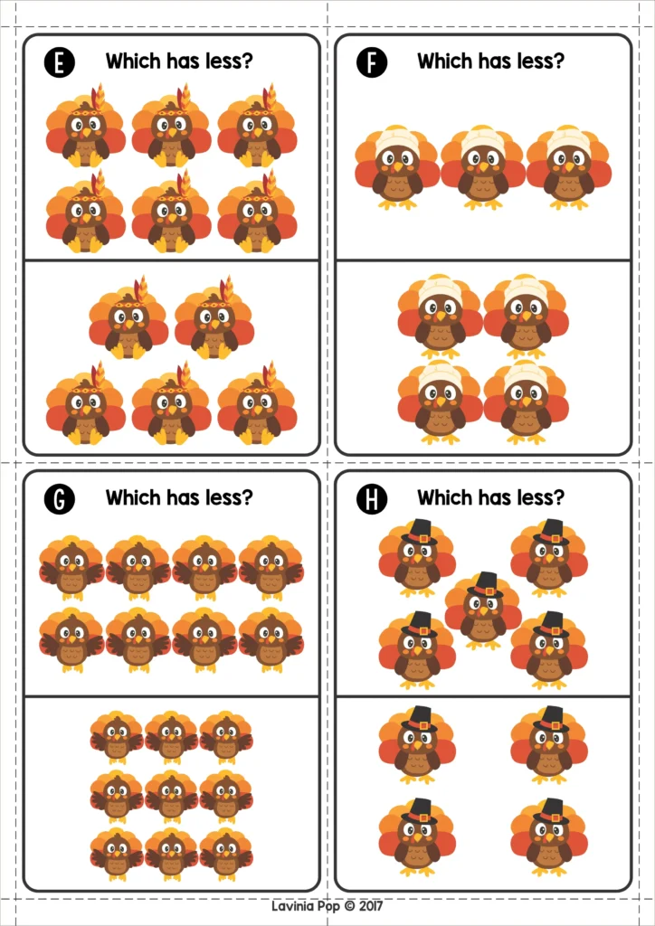 Thanksgiving math clip cards with turkeys for comparing quantities and identifying which group has more or less in kindergarten math centers. Download FREE printable activities!