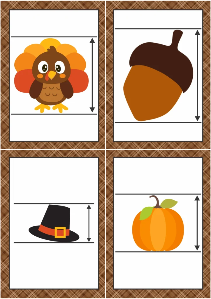 Thanksgiving measurement cards showing pumpkins, acorns, and turkeys used to explore nonstandard measurement and comparison concepts in kindergarten. Download FREE printable activities!