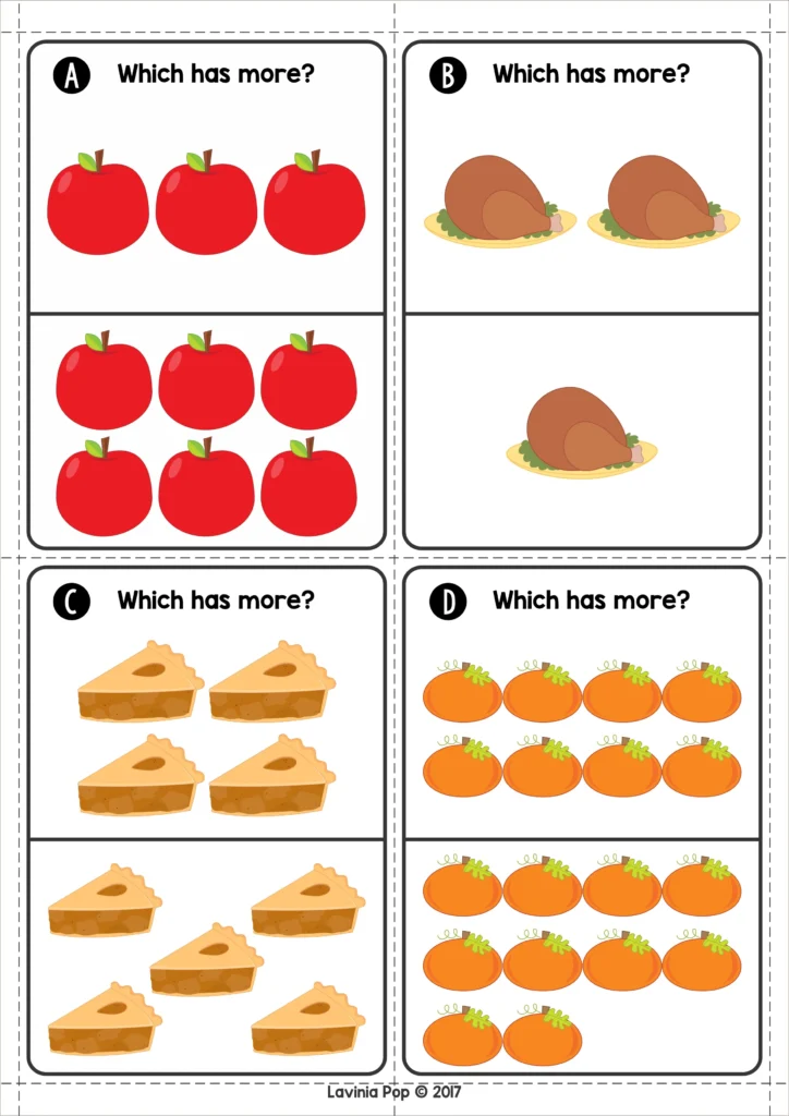Thanksgiving math center activity with apples, pies, and pumpkins to teach comparing sets and counting in kindergarten. Download FREE printable activities!