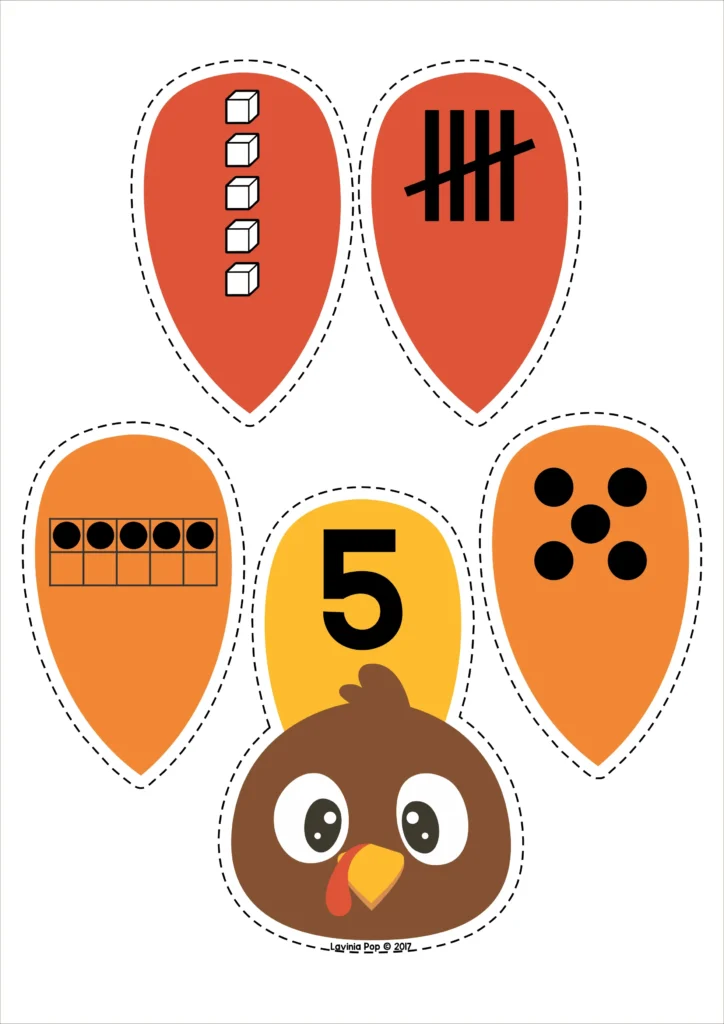 Thanksgiving number sense turkeys for kindergarten math centers matching numerals, tally marks, and ten frames to build counting and number recognition skills. Download FREE printable activities!