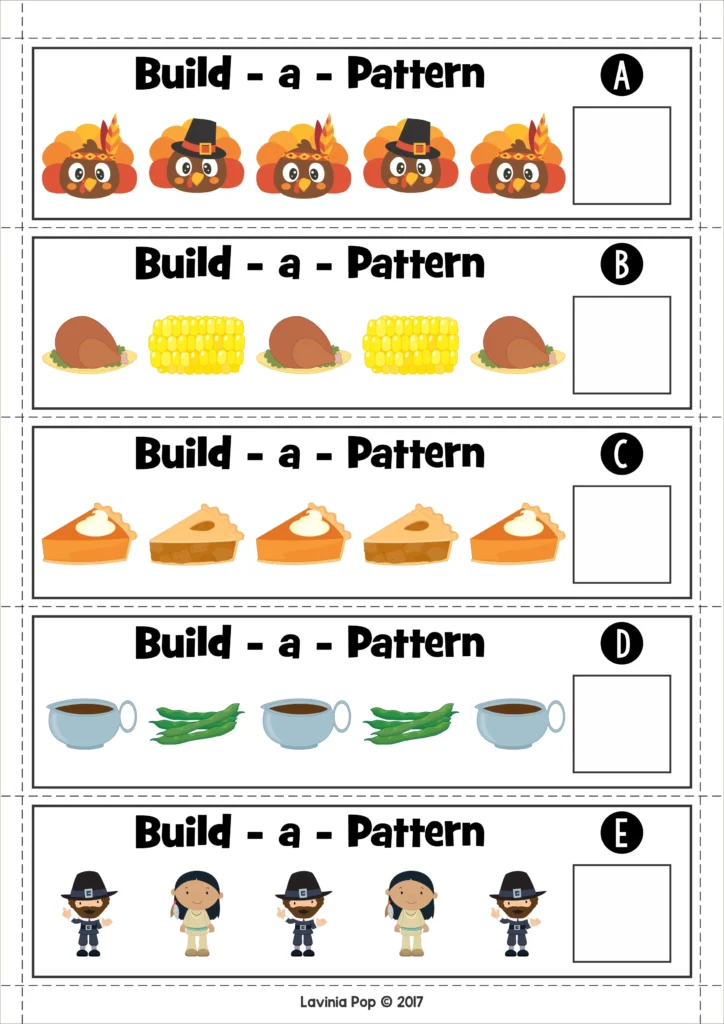 Thanksgiving math center pattern cards for kindergarten with turkeys, corn, and pies used to practice AB and ABC patterns. Download FREE printable activities!