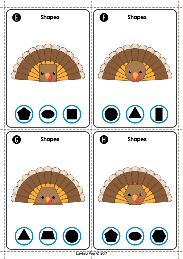 Turkey-themed math center cards for identifying 2D shapes like circle, triangle, and pentagon, perfect for Thanksgiving kindergarten geometry activities. Download FREE printable activities!