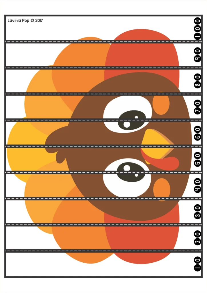 Turkey skip counting puzzle with numbers from 10 to 100 for practicing number order and sequencing in Thanksgiving math centers for kindergarten. . Download FREE printable activities!