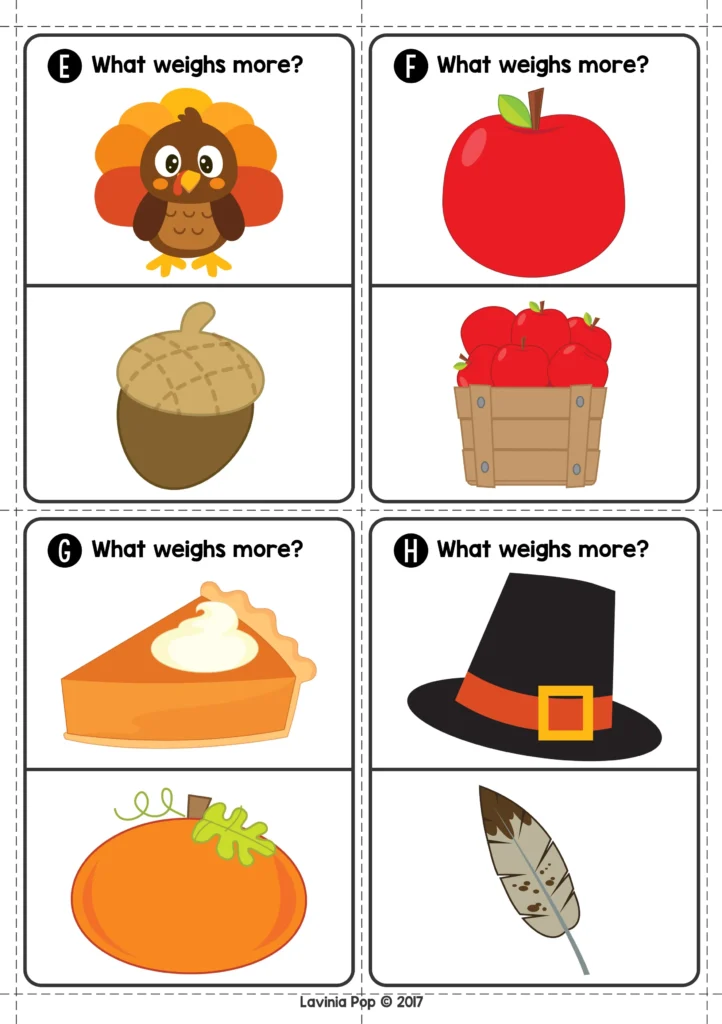 Thanksgiving math activity showing clip cards for comparing weights using pictures of turkeys, acorns, pumpkins, and pie to teach early measurement and comparison skills in kindergarten. Download FREE printable activities!