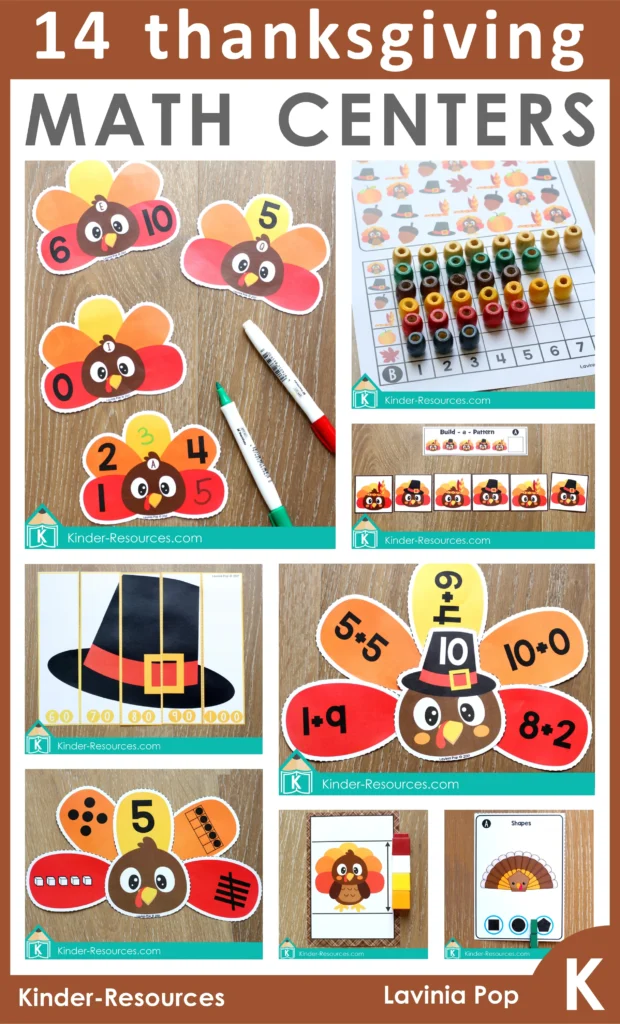 Thanksgiving Math Centers for Kindergarten long pin collage by Lavinia Pop. Features 14 printable math activities including turkey counting on, skip-counting puzzles, pattern building, number matching, and non-standard measurement. Perfect for morning tubs, math centers, or small-group instruction during November. Free sample pages are available to download on the blog.
