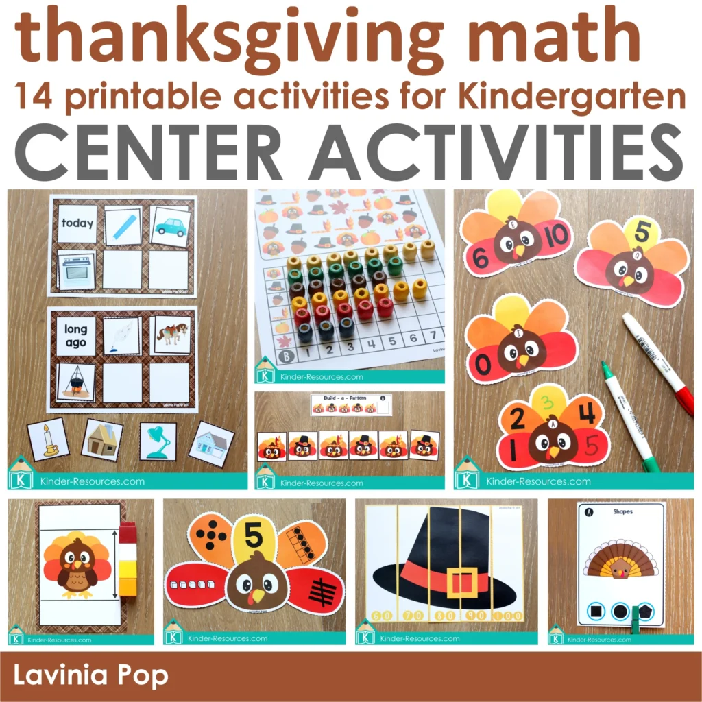 Thanksgiving Math Centers for Kindergarten cover image featuring 14 hands-on printable activities by Lavinia Pop. Includes turkey counting, skip counting puzzles, number matching, graphing, measurement, and long ago vs. today sorting. These engaging Thanksgiving math centers make November lessons fun and interactive. Free sample pages are available to download.