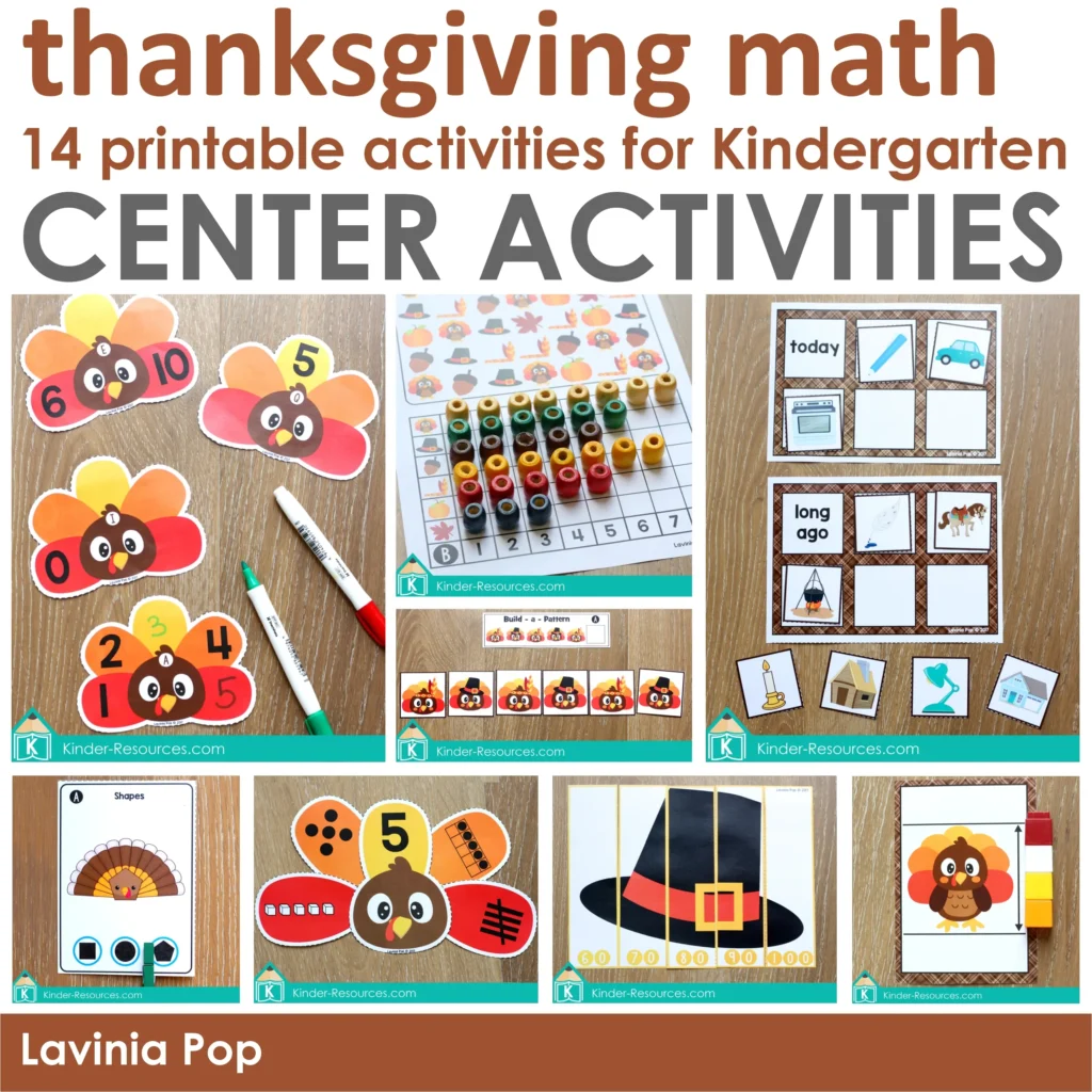 Thanksgiving Math Centers for Kindergarten cover image featuring 14 hands-on printable activities by Lavinia Pop. Includes turkey counting, skip counting puzzles, number matching, graphing, measurement, and long ago vs. today sorting. These engaging Thanksgiving math centers make November lessons fun and interactive. Free sample pages are available to download.