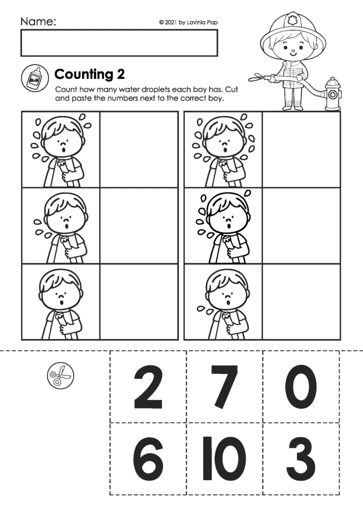 Free kindergarten fire safety counting worksheet where children count water droplets and cut and paste numbers to match the correct amount.