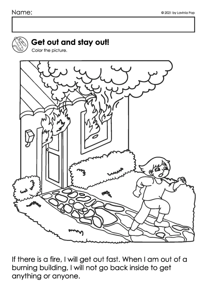 Free kindergarten fire safety rules worksheet for coloring and tracing simple safety rules during a fire drill.