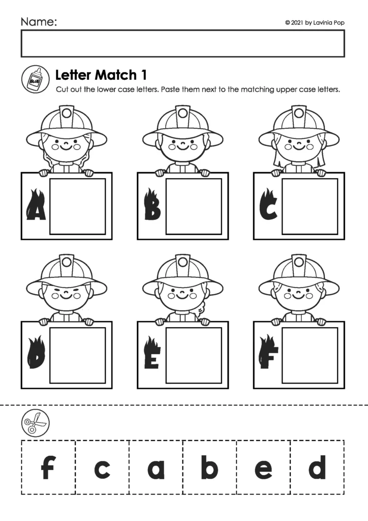 Free kindergarten fire safety literacy worksheet where children cut and paste lowercase letters to match uppercase firefighter letters.