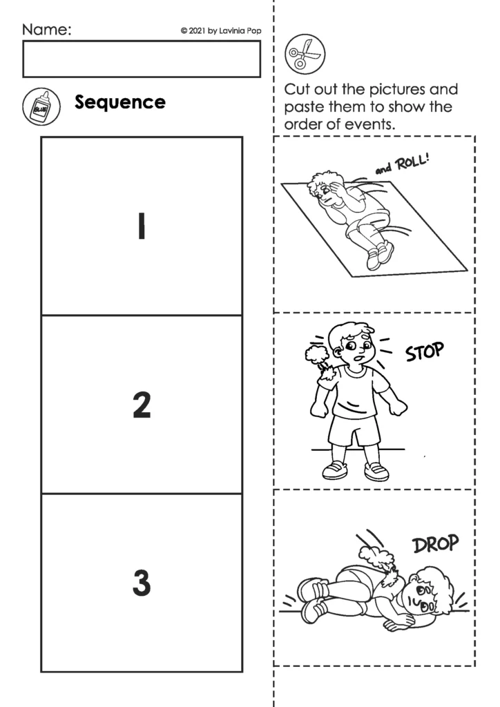 Free kindergarten fire safety worksheet showing Stop, Drop, and Roll sequencing activity where children cut and paste pictures in order.