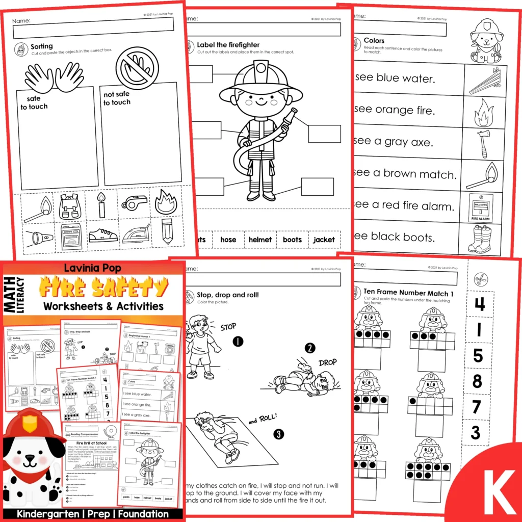 Fire Safety Kindergarten Worksheets and Activities packet preview with sample pages including sorting, labeling, colors, stop drop roll, ten frame number match, and firefighter themed cover.