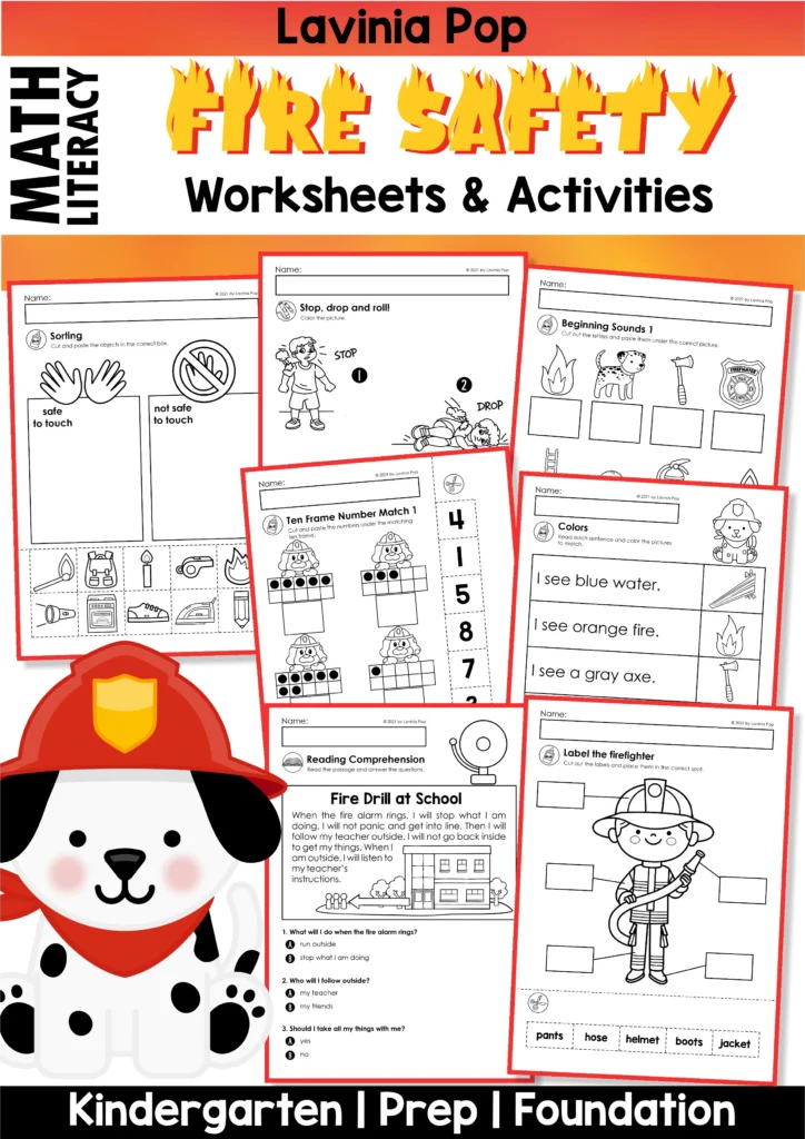 Fire Safety Kindergarten Worksheets and Activities packet cover featuring sorting safe and unsafe items, stop drop roll coloring, beginning sounds worksheet, ten frame number match, colors reading activity, reading comprehension fire drill passage, and label the firefighter cut and paste.