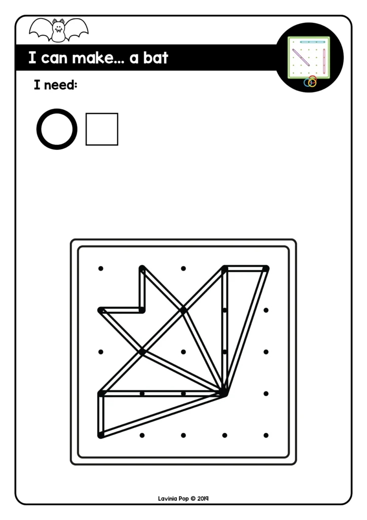 Free October fine motor geoboard printable, preschool bat activity with elastic bands, free download sample page for October morning tubs