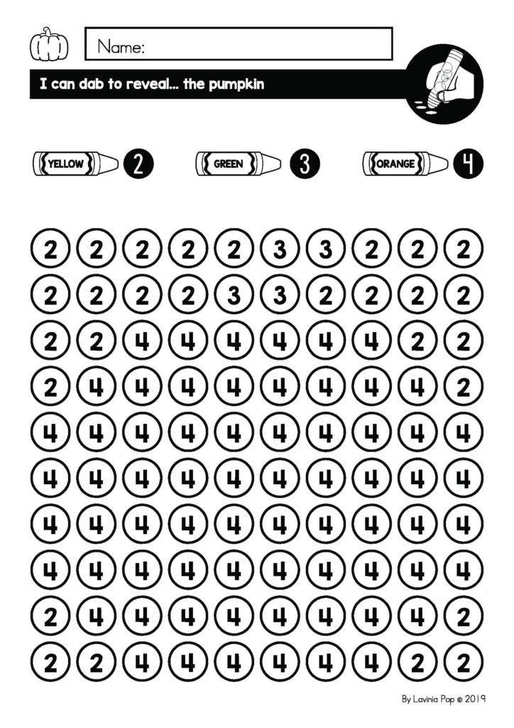 Free October fine motor dab-a-dot mystery picture printable, pumpkin color by number activity with dot markers, preschool Halloween free sample download