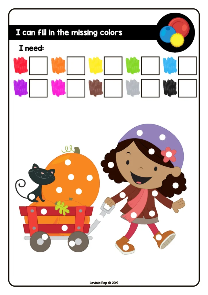 Free October fine motor color matching printable, preschool missing color beads activity with girl and pumpkin, free download sample page