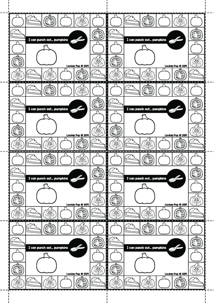 Free October fine motor hole punch printable for preschool, pumpkin punch cards for hand strength and coordination, free download sample page