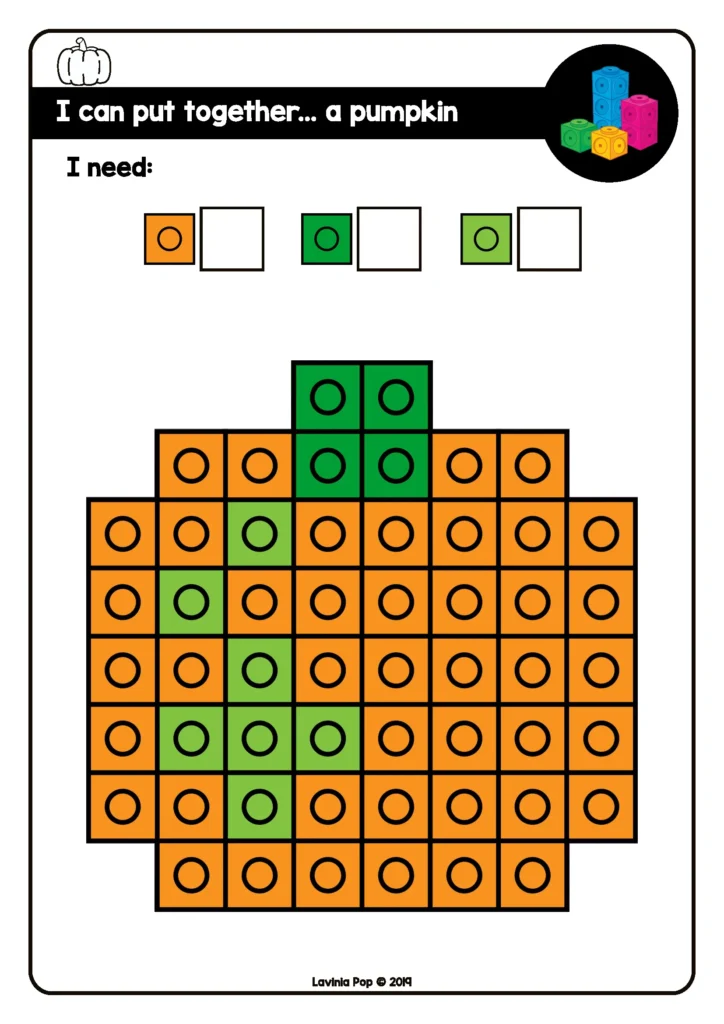Free October fine motor snap cube printable, preschool pumpkin counting cubes task card for math and fine motor, free download sample page