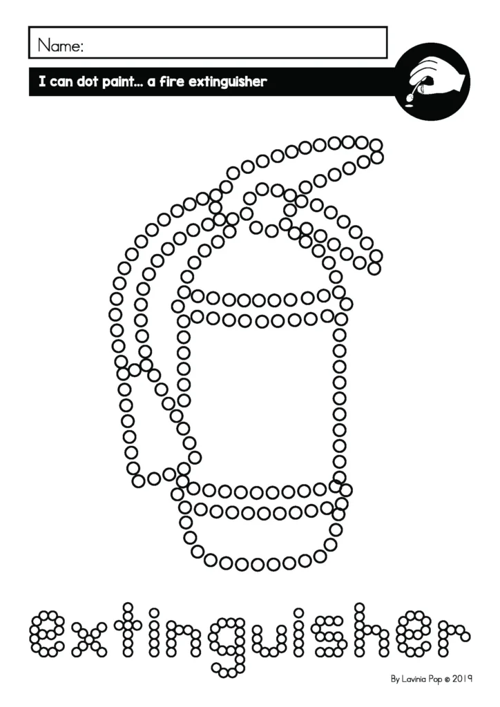 Free October fine motor dot painting printable for preschool and kindergarten, fire extinguisher Q-tip activity for Fire Safety Week, free download sample page