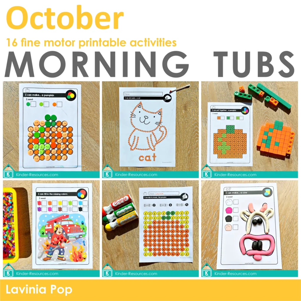 October fine motor morning tubs for preschool, pre-k, and kindergarten with 16 printable activities including playdough mats, hole punch cards, cutting strips, dab-a-dot mystery pictures, snap cube pumpkins, and lacing cards. Hands-on fall themed fine motor activities for October centers.