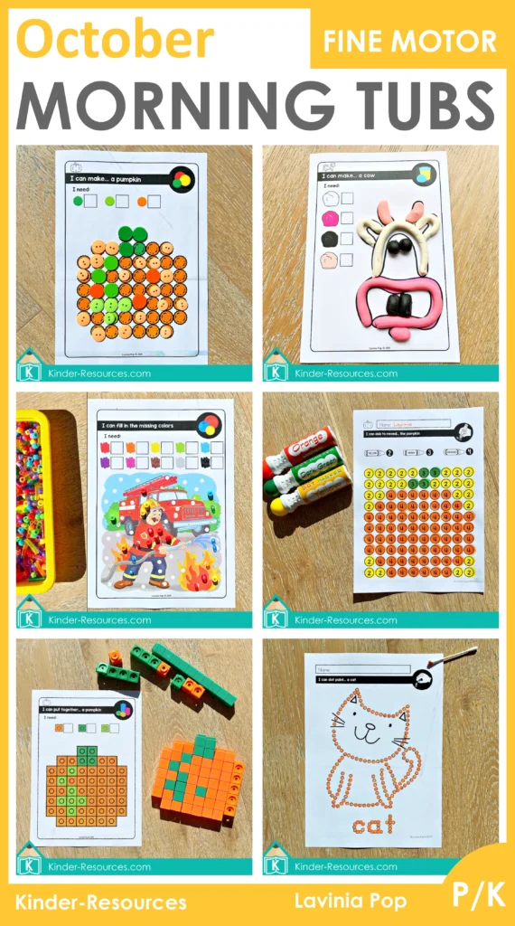 October fine motor morning tubs for preschool and kindergarten, printable activities for fall centers including pumpkin snap cubes, firefighter bead color match, playdough cow, cat dot painting, and mystery picture dabbing. Seasonal October fine motor centers to build hand strength and coordination.