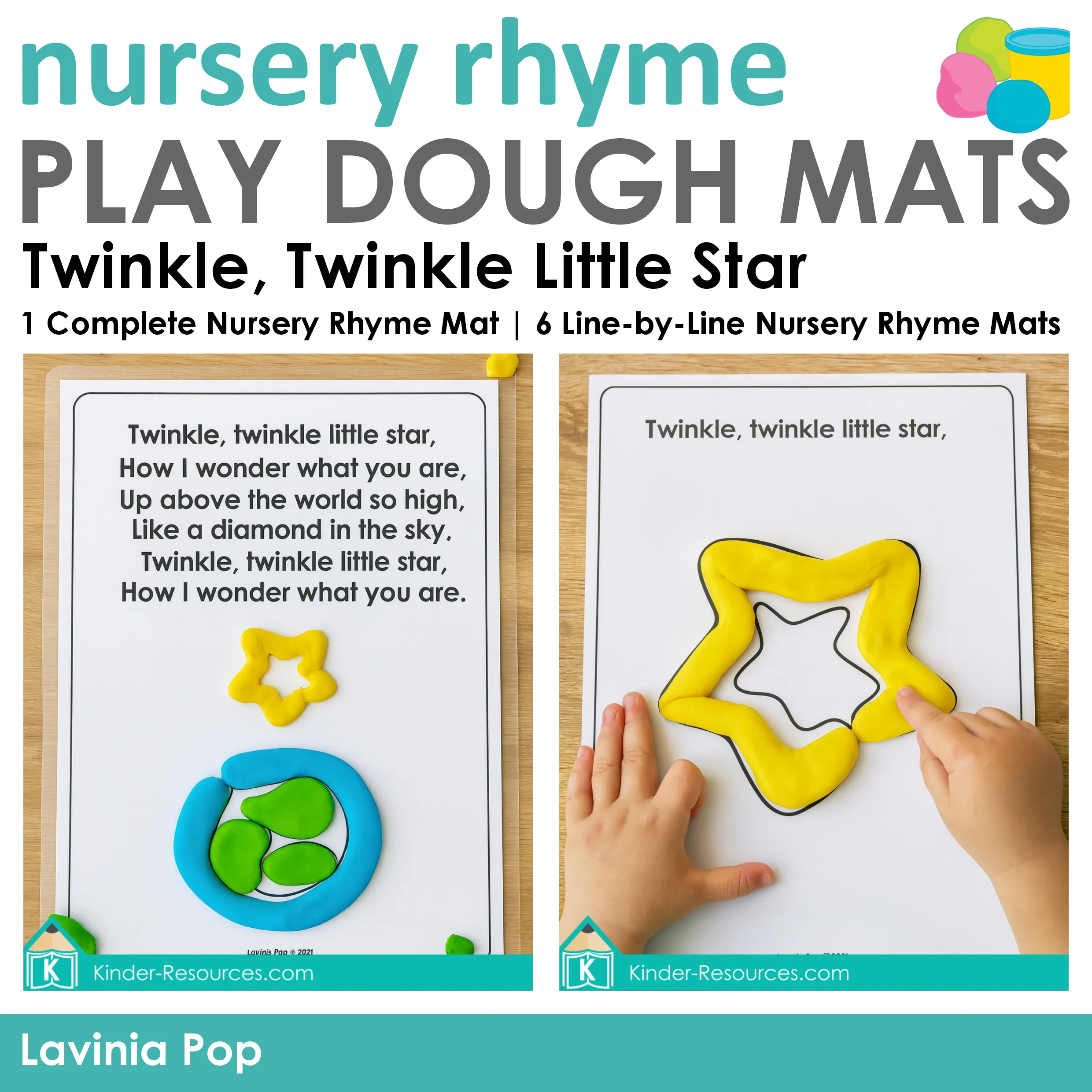 Cover image of Twinkle Twinkle Little Star nursery rhyme play dough mats featuring one complete rhyme card and six single line cards.