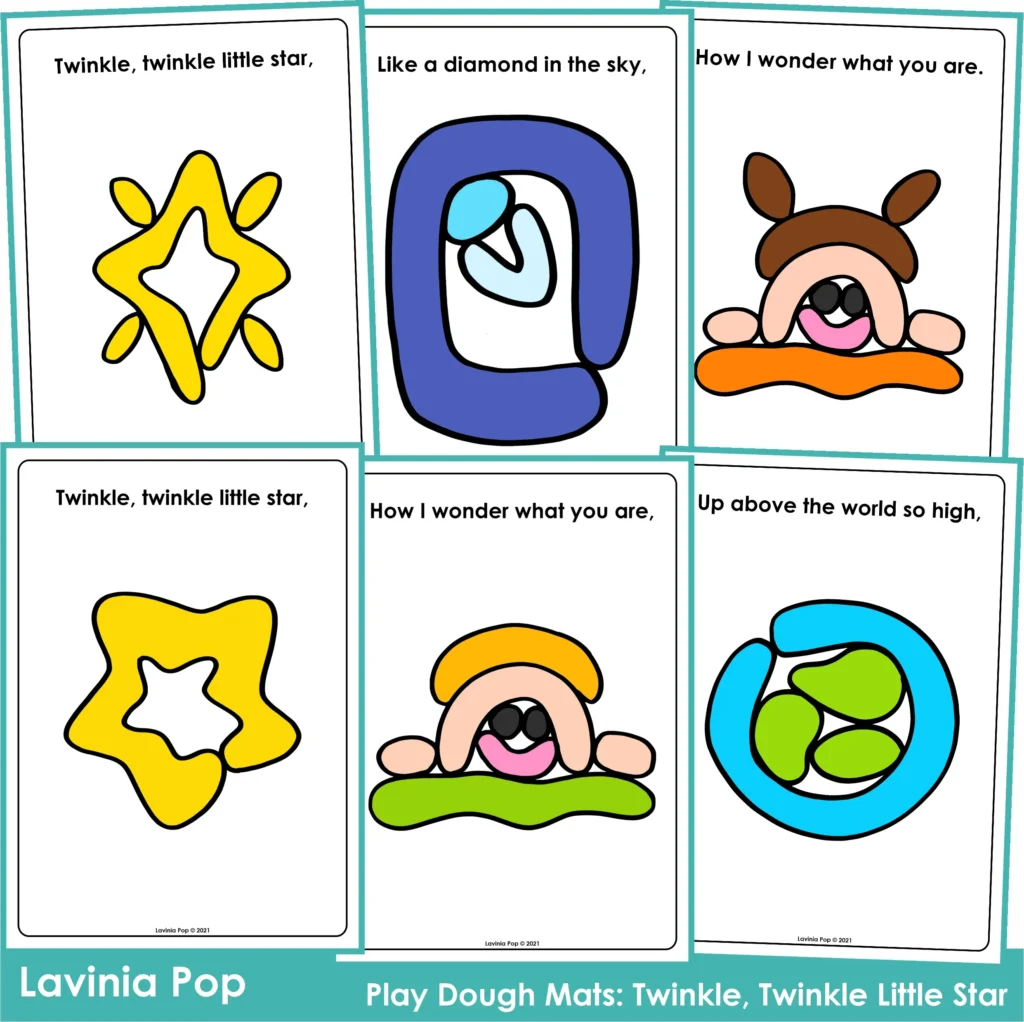 Complete Twinkle Twinkle Little Star play dough mat showing the full nursery rhyme with colorful dough shapes for preschool and kindergarten.