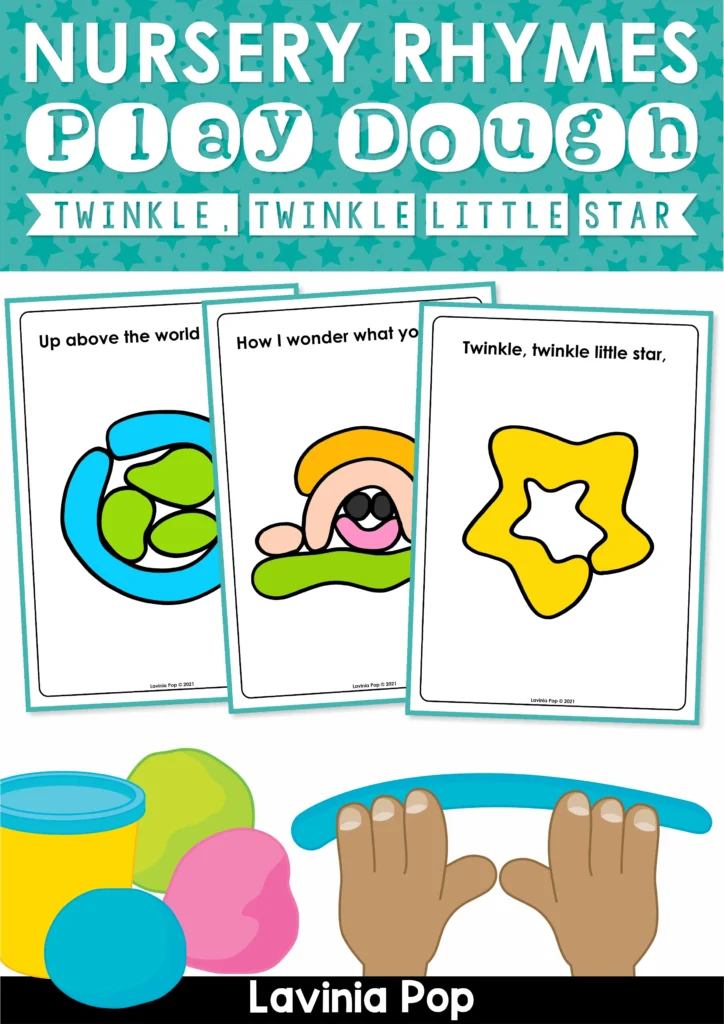 Set of Twinkle Twinkle Little Star line-by-line play dough activity mats for children to build shapes and follow the rhyme step by step.